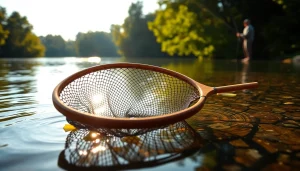 Fly fishing net displayed elegantly by the water's edge, emphasizing its craftsmanship.