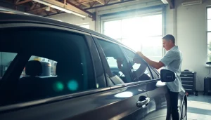 Enhance your vehicle with window tint Chattanooga, showcasing a technician applying premium tint in a garage.