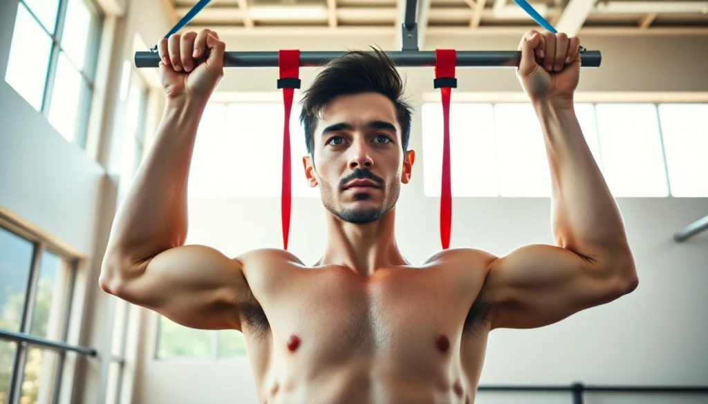 Resistance bands for pull-ups used by a fit individual in a gym setting.