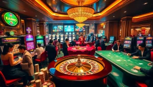 Exciting gambling action at nhà cái cm88 casino, featuring poker chips and vibrant slot machines.