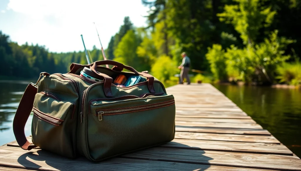 Showcasing a Fly fishing bag on a lakeside dock with fishing gear, emphasizing durability and adventure.