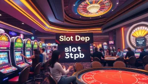 Excitement builds at a casino with diverse players enjoying Slot Depo 5rb on vibrant machines.