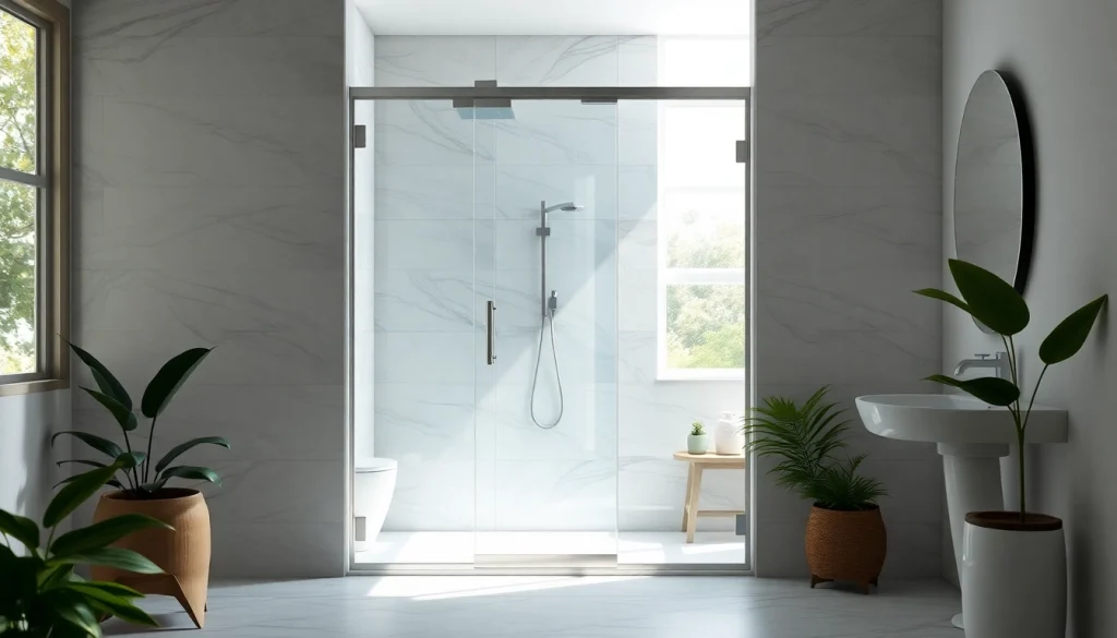 Stylish shower screen door featured in a contemporary bathroom with bright natural lighting.