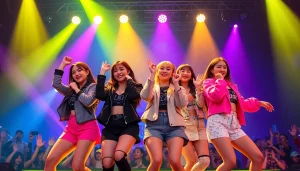 BLACKPINK members performing together on stage, showcasing their vibrant energy and style.