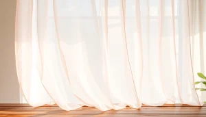 Voile stoffen met delicate patronen die elegant op een rustieke tafel liggen.