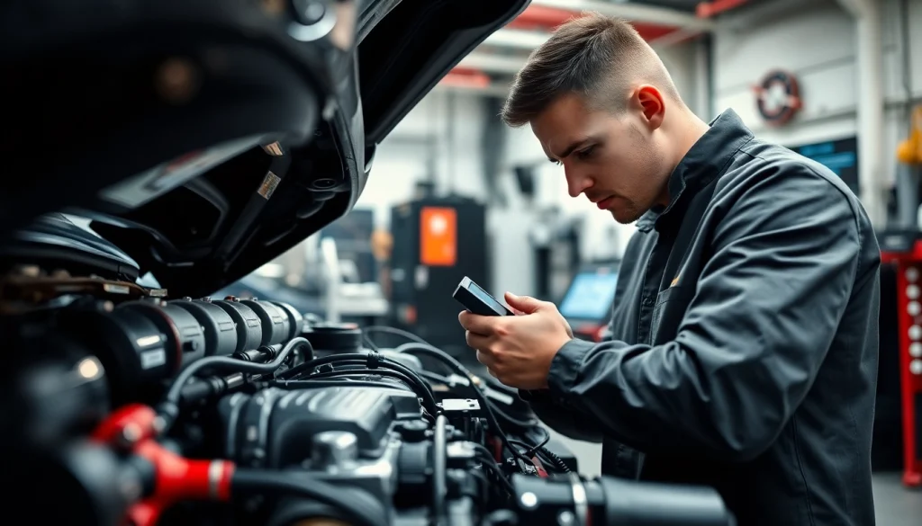 Technician using das 140 tools to diagnose a vehicle in a modern garage.