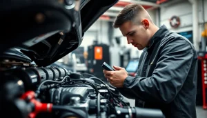 Technician using das 140 tools to diagnose a vehicle in a modern garage.