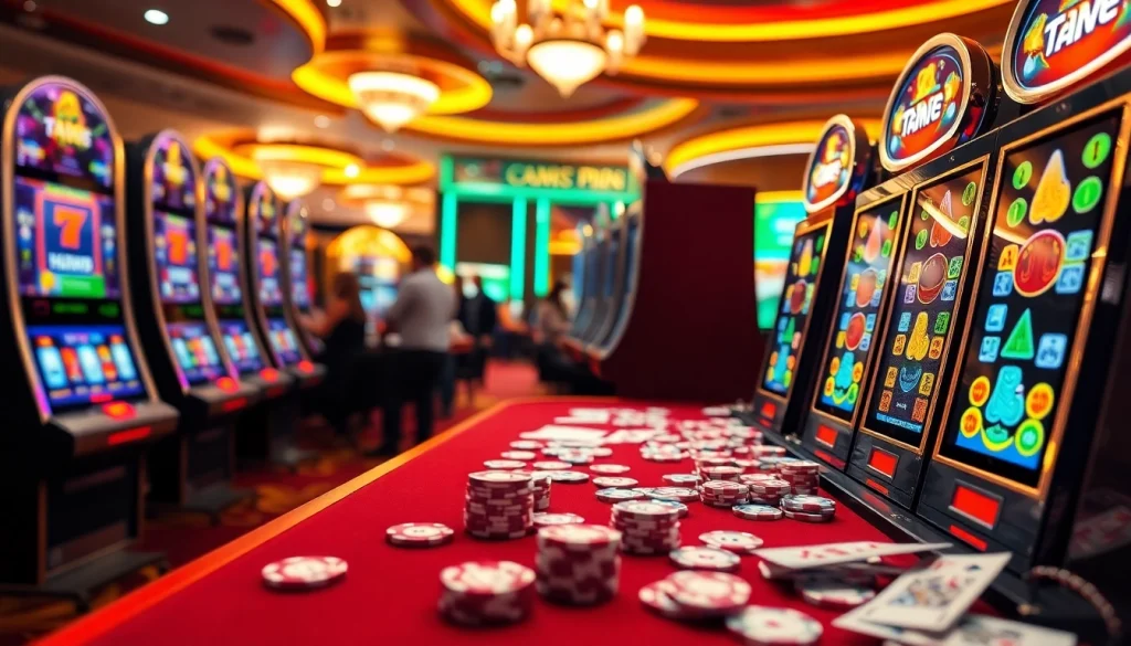 Experience the excitement of the slot demo mahjong with vibrant visuals of players at casino slot machines amid sparkling lights.