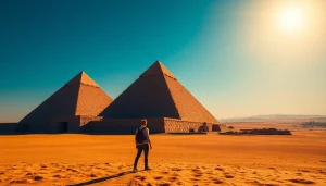 Piraminds towering against a bright sky, casting dramatic shadows in a desert.