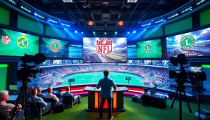 Engaging sports broadcasting scene showcasing a professional host and advanced technology.