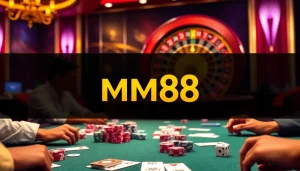 Engage in a thrilling online casino experience with MM 88's expert gambling interface showcasing poker and roulette.