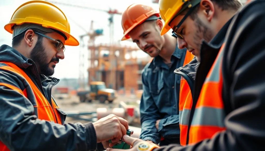 Construction career professionals collaborating at a vibrant construction site.