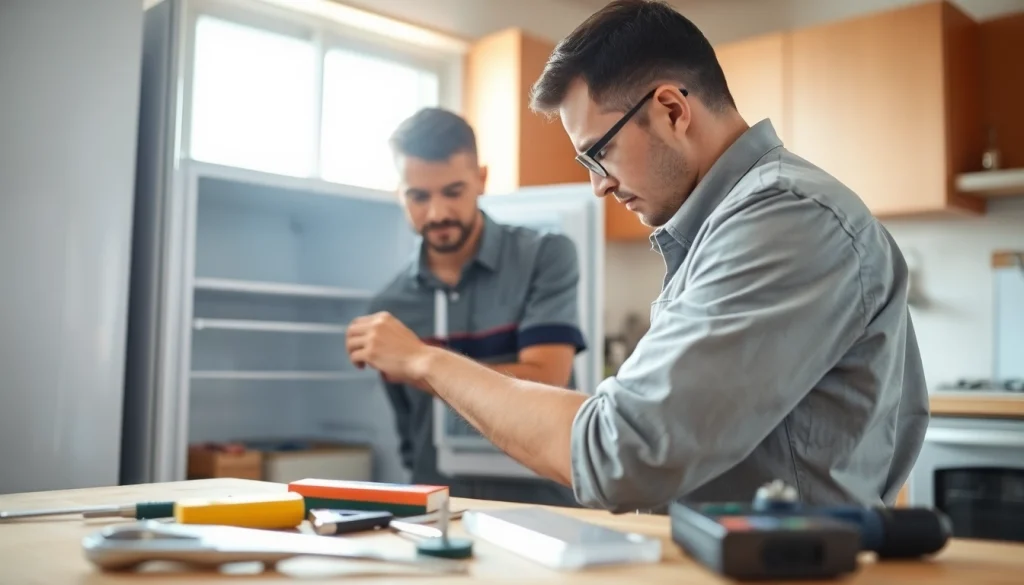 Technician performing refrigerator repair ottawa with tools in a well-organized kitchen.