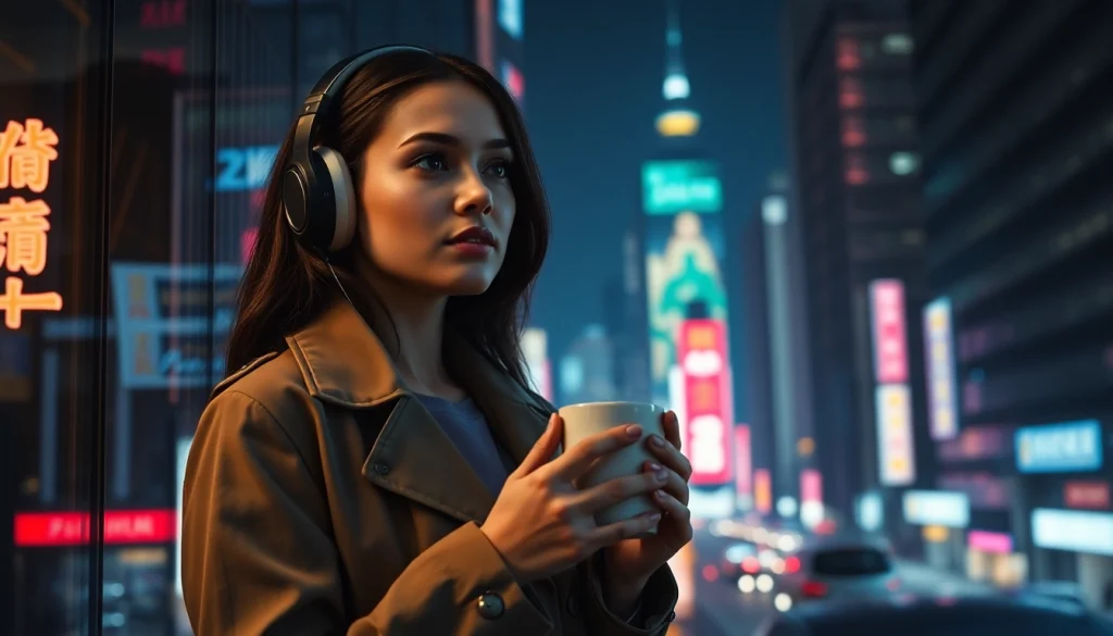 Young woman in stylish trench coat using image to prompt ai with city skyline.