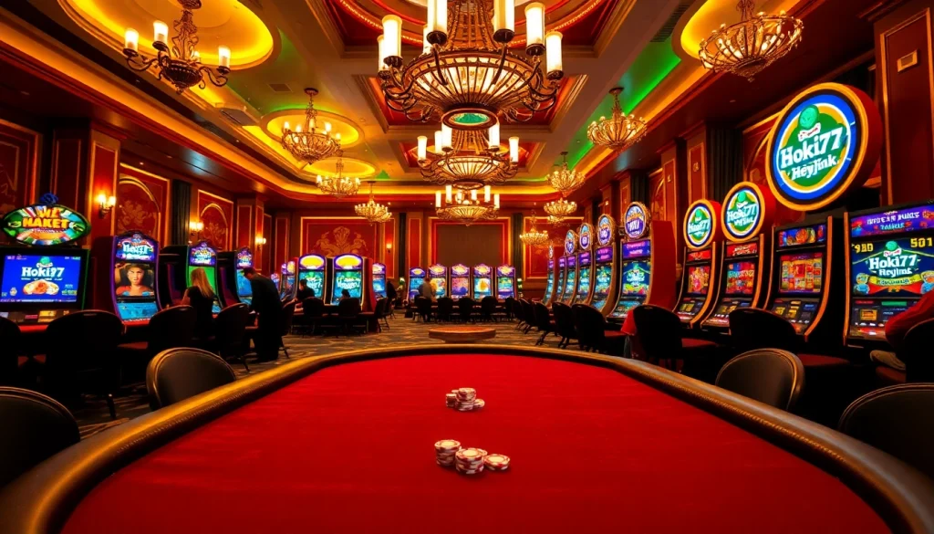 Experience the excitement of online gambling with Hoki77 Heylink at a lavish casino setting.