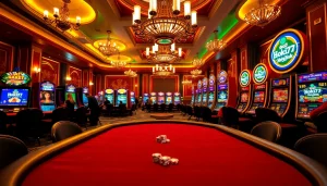 Experience the excitement of online gambling with Hoki77 Heylink at a lavish casino setting.