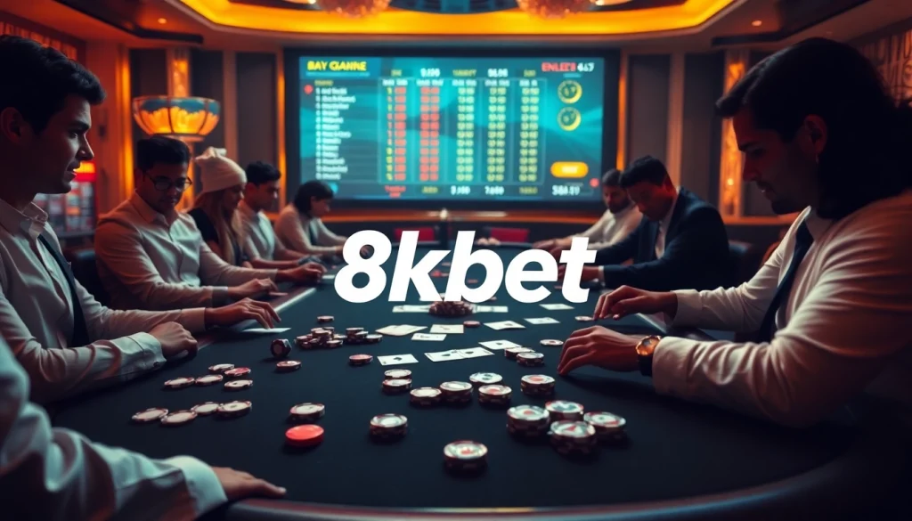 Experience the thrill of betting with 8kbet at a luxurious poker table adorned with vibrant casino elements.