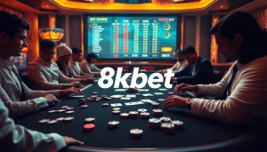Experience the thrill of betting with 8kbet at a luxurious poker table adorned with vibrant casino elements.