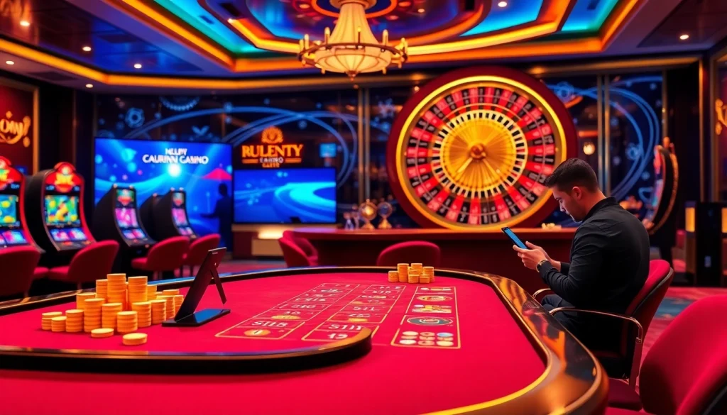 Découvrez l'excitation des casinos en ligne avec des tables virtuelles vibrantes et une roulette tournante dans un cadre numérique luxueux.