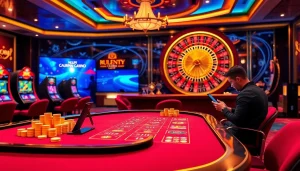 Découvrez l'excitation des casinos en ligne avec des tables virtuelles vibrantes et une roulette tournante dans un cadre numérique luxueux.