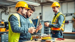 Training in an electrical apprenticeship with electricians demonstrating skills in a bright workshop.
