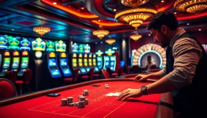 L'excitation du jeu se déroule à une table de blackjack, illustrant les frissons du casino en ligne avec des jetons et des cartes vibrants.