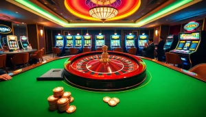 Joueurs enthousiastes en train de planifier au casino en ligne France avec des tables vibrantes et une roulette.