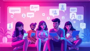Engaging scene featuring diverse individuals interacting with nsfw ai chatbots, showcasing vibrant colors and modern digital elements.