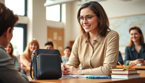 Handytasche Lehrer auf dem Tisch eines Lehrers in einer inspirierenden Klassenzimmerumgebung.