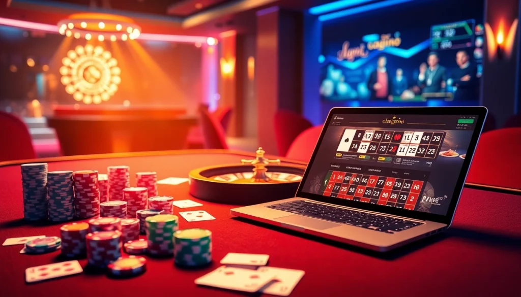 Une scène virtuelle excitante de casino en ligne France présentant une table de jeu luxueuse et une interface.