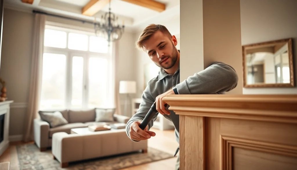 Craftsman enhancing a home with precise trim work installation showcasing expert craftsmanship.