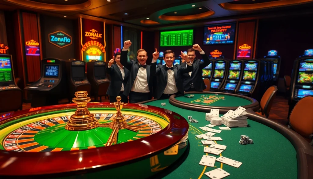 Zonafilm-inspired gamblers celebrating at a luxurious casino table with roulette and poker.