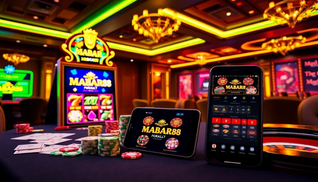 Menang di mesin slot pada Tautan MABAR88 yang menampilkan elemen kasino yang berwarna-warni dan suasana perjudian yang profesional.