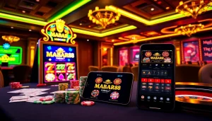 Menang di mesin slot pada Tautan MABAR88 yang menampilkan elemen kasino yang berwarna-warni dan suasana perjudian yang profesional.