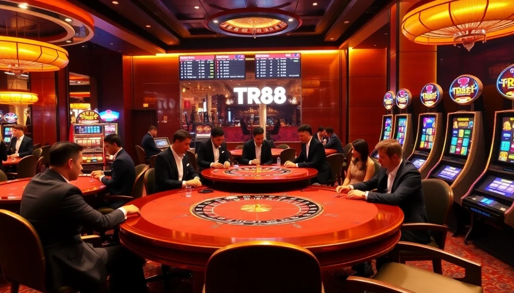 Experience TR88's thrilling atmosphere at a luxurious casino with poker tables and roulette wheels.
