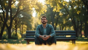Visual representation of anxiety symptoms being experienced by an individual in a tranquil park setting, conveying emotion and calm.