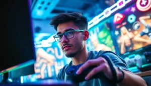 Grający w PlayStation gracz w nowoczesnym wnętrzu, pełnym akcesoriów i energetycznych świateł.