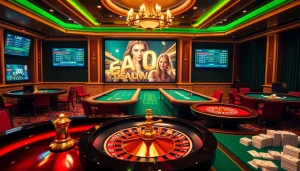 Scène engageante dans un casino en ligne France présentant des options de roulette et de paris numériques.