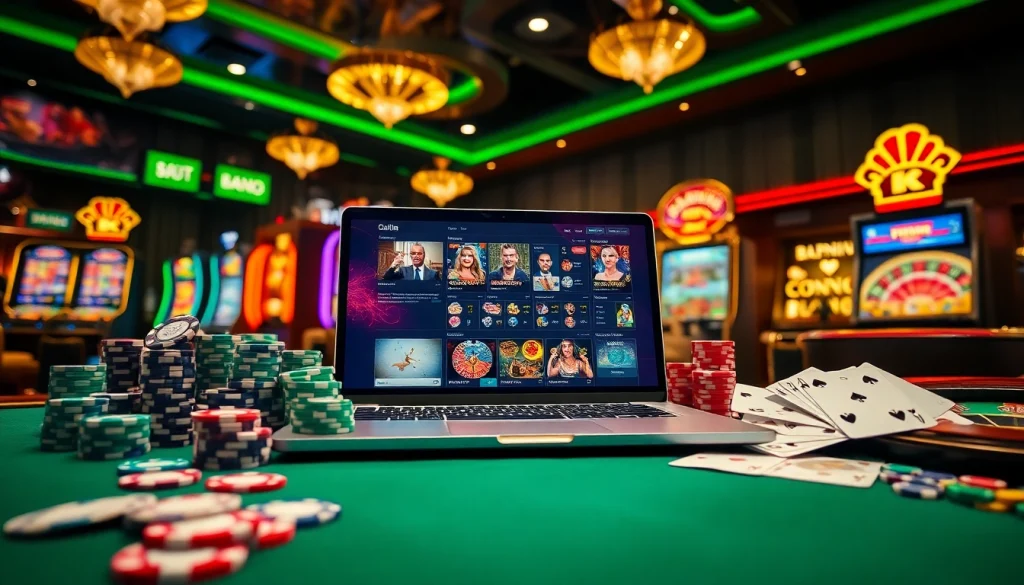 Scène captivante de casino en ligne avec des jetons de poker, des cartes et des éléments de jeu en ligne vibrants.