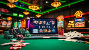 Scène captivante de casino en ligne avec des jetons de poker, des cartes et des éléments de jeu en ligne vibrants.
