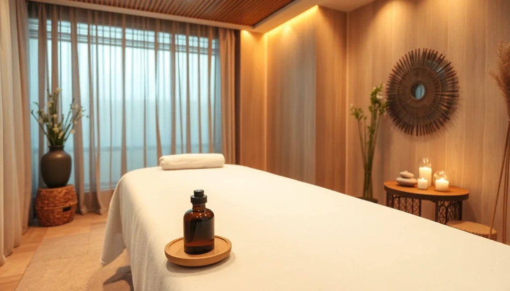 편안한 마사지 테이블과 편안한 장식이 있는 인천마사지 휴식 공간.