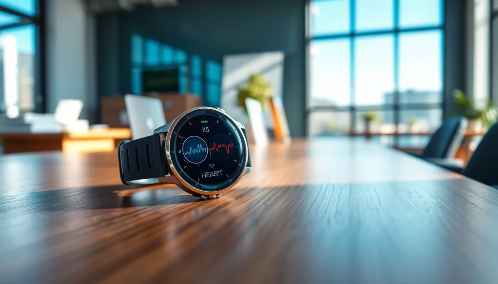 Showcasing a Pulse Smart Watch with vibrant health metrics on a sleek desk.