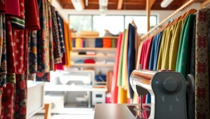 Dames stoffen online in vibrant colors and textures showcased in a sewing studio.