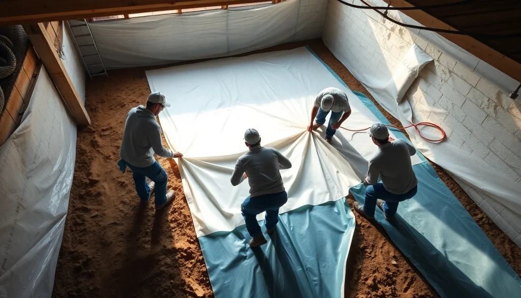 Vapor Barrier Installation in a crawl space, showcasing the technique of covering dirt floors with durable plastic.