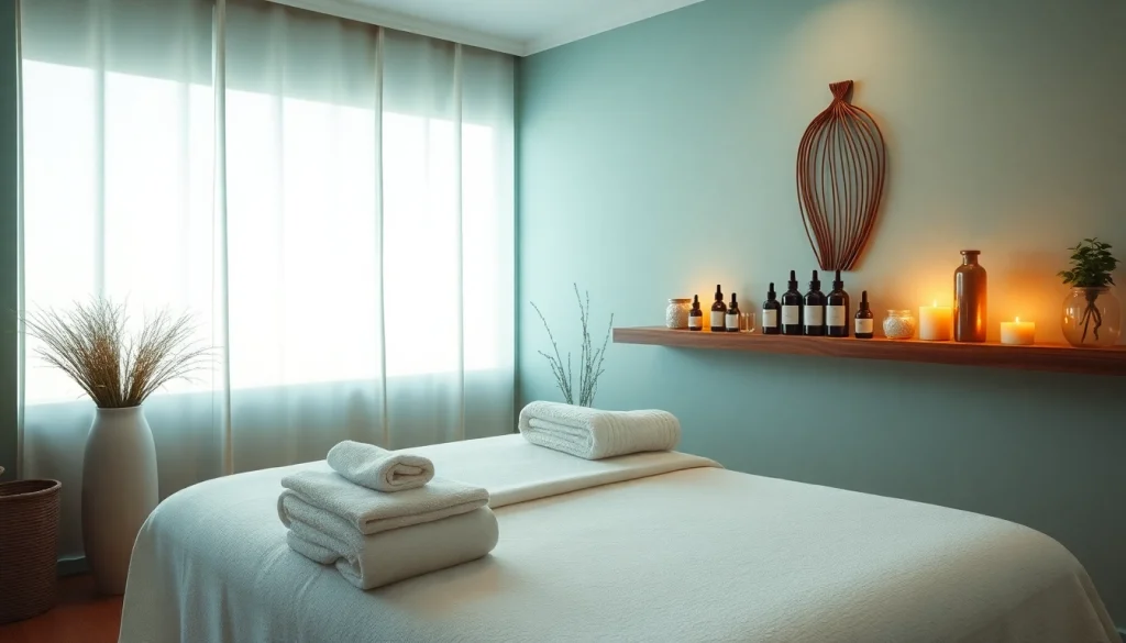 차분한 요소와 편안한 색상을 보여주는 마사지 치료실.