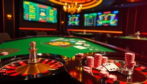 Roulette captivante et table de poker dans une scène de casino en ligne France luxueuse.