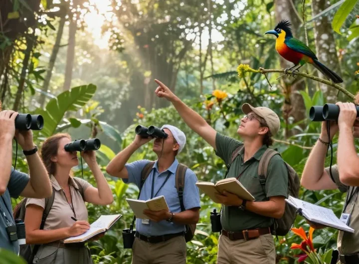 Birdwatchers discovering unique bird species in a tropical rainforest, highlighting "rokok88" essence.