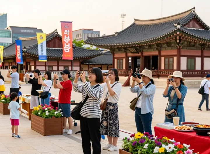 Exploring the rich culture at 상봉동 한국관 with friends, featuring vibrant architecture and street food.