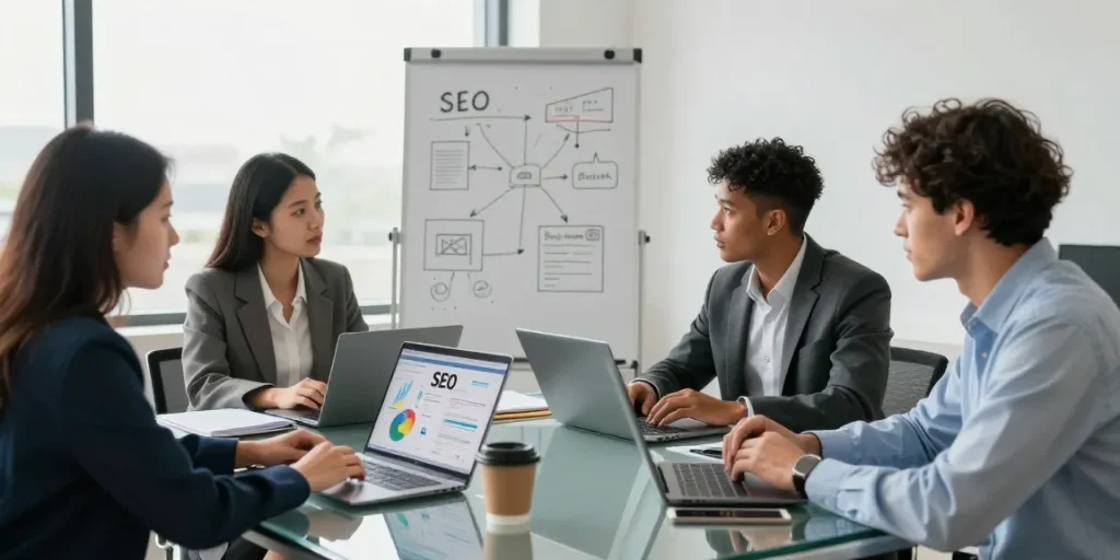 Team collaborating on SEO backlink services strategies in a bright office