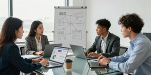 Team collaborating on SEO backlink services strategies in a bright office